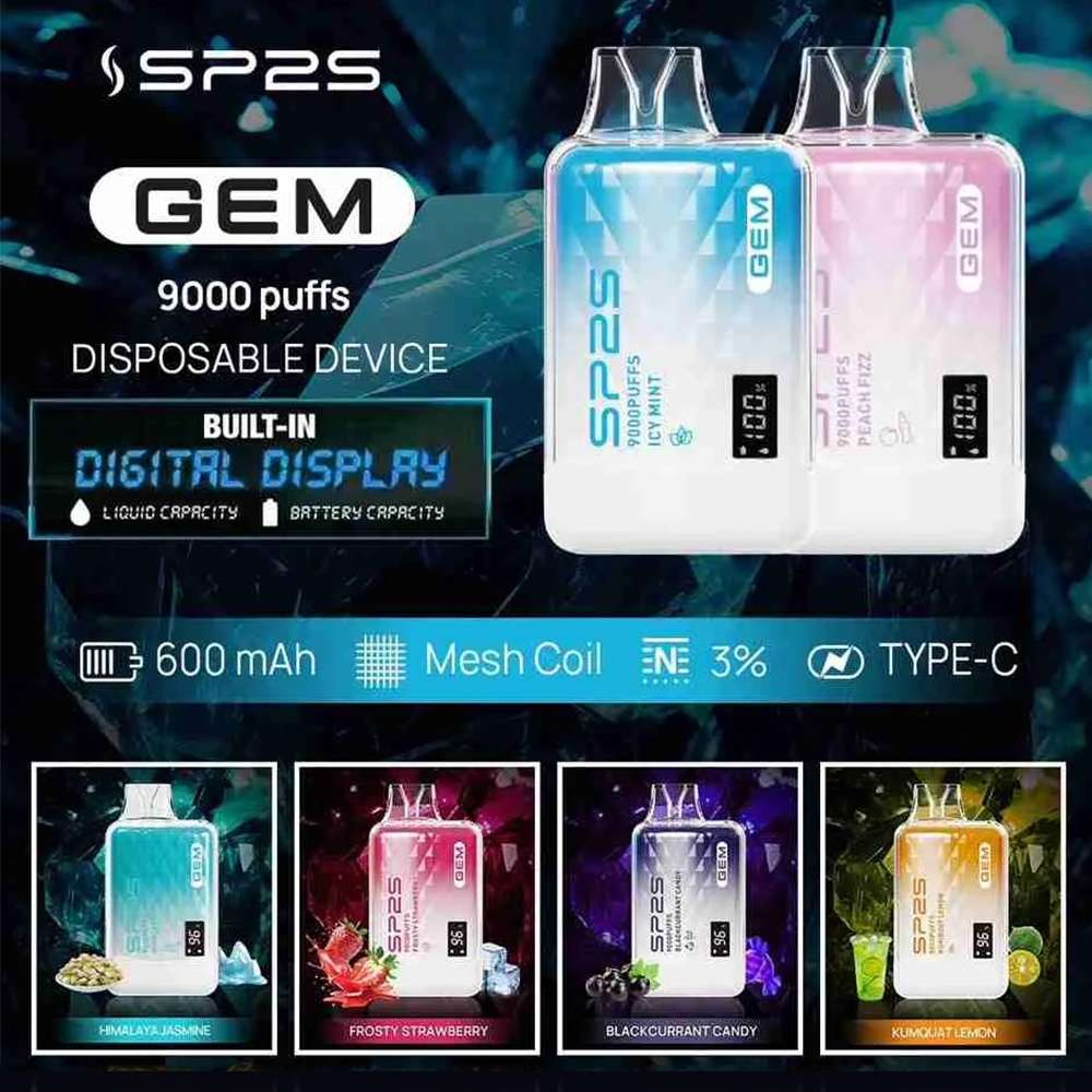 SP2S GEM 9000口拋棄式電子煙｜智能雙顯螢幕｜12ml大容量｜16種口味現貨